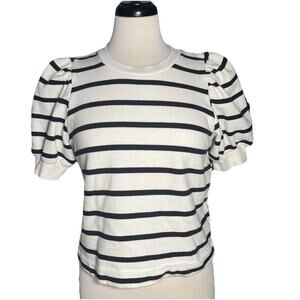 H&M Short Sleeve Sweater White and Black Stripes Ribbed Neck, Sleeves and Waist